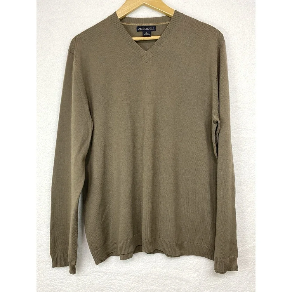 Banana Republic Mens L V-Neck Sweater Olive Brown Extra Fine Italian Merino Wool